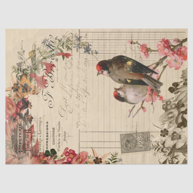 Floral Birds Ephemera Decoupage Tissue Paper (Front)
