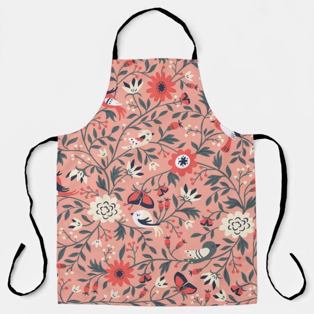 Floral Birds Hand Drawn Vintage Apron (Front)