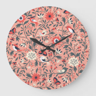 Floral Birds Hand Drawn Vintage Large Clock
