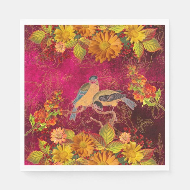 Floral & Birds Orange, Red, Yellow Cranberry  Napkin (Front)