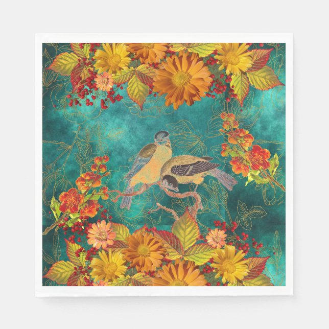 Floral & Birds Orange, Red, Yellow, Teal Backing Napkin (Front)