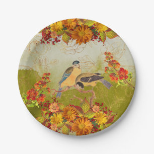 Floral & Birds, Orange, Yellow, Red Green Backing Paper Plate