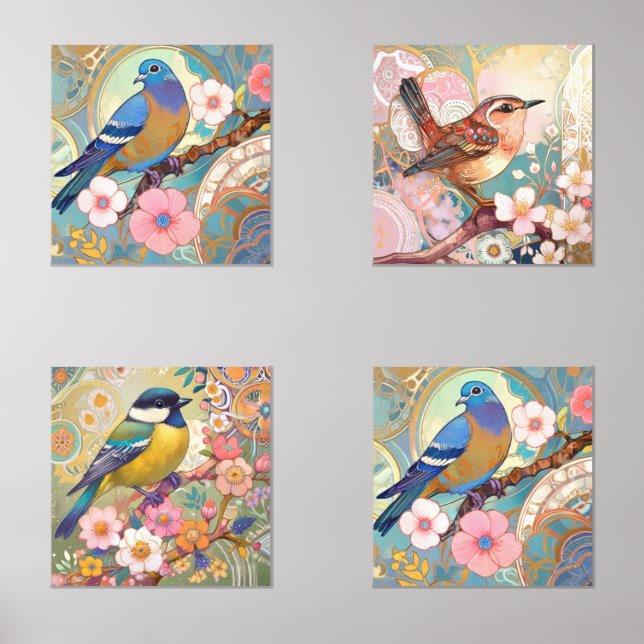 Floral Birds Pastel Pink Flowers & Bird Art (Front)