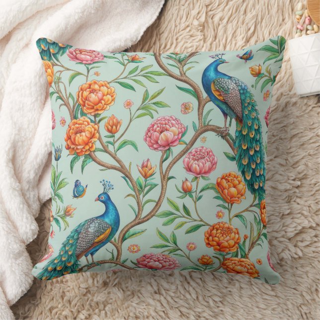 Floral Birds Pattern on Mint Background (10) Cushion (Blanket)