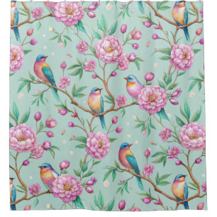 Floral Birds Pattern on Mint Background (1) Shower Curtain