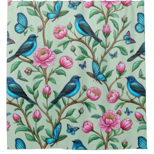 Floral Birds Pattern on Mint Background (4) Shower Curtain