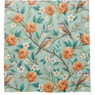 Floral Birds Pattern on Mint Background (6) Shower Curtain