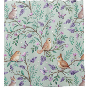 Floral Birds Pattern on Mint Background (9) Shower Curtain