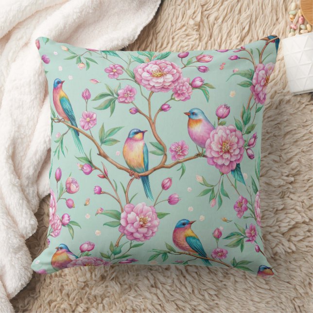 Floral Birds Pattern on Mint Background Cushion (Blanket)