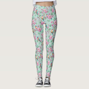 Floral Birds Pattern on Mint Background Leggings