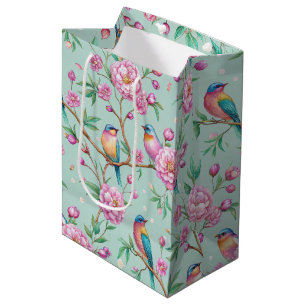 Floral Birds Pattern on Mint Background Medium Gift Bag
