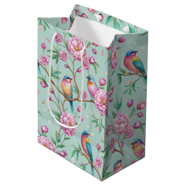 Floral Birds Pattern on Mint Background Medium Gift Bag (Front Angled)