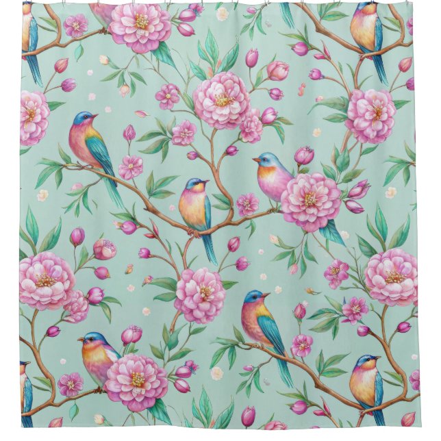 Floral Birds Pattern on Mint Background Shower Curtain (Front)