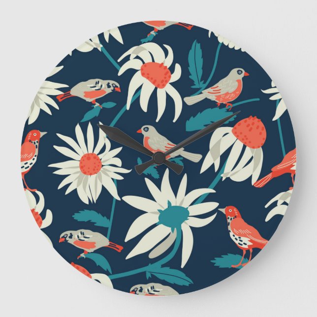 Floral Birds: Vintage Seamless Design. Large Clock (Front)
