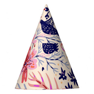 Floral, birds, vintage seamless pattern. party hat
