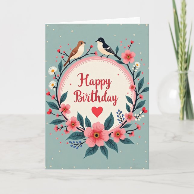 Floral Birthday Birds Card (Front)