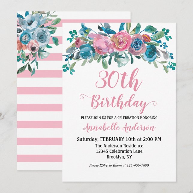 Floral Birthday Blue Pink Watercolor Rustic Modern Invitation (Front/Back)