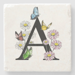 Floral Birthday Butterfly Monogram Letter A Stone Coaster