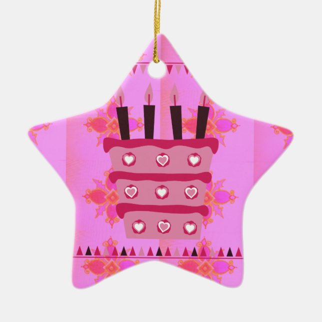 Floral Birthday Cake for Her/Girls Art Print Ceramic Tree Decoration (Front)