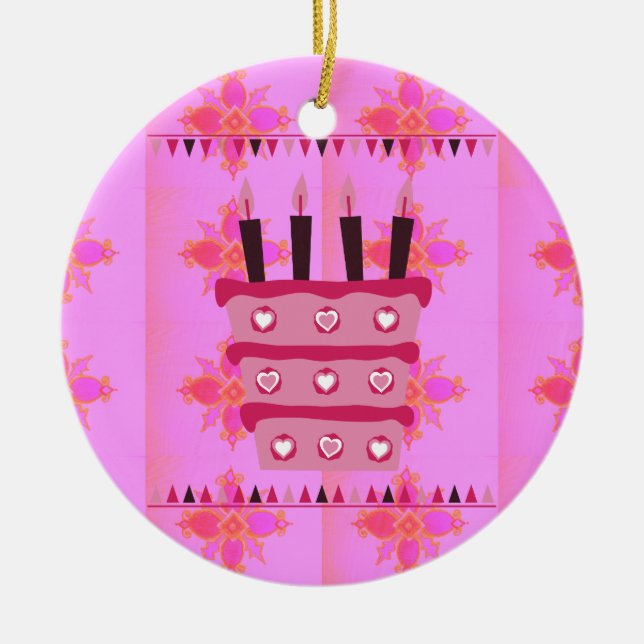 Floral Birthday Cake for Her/Girls Art Print Ceramic Tree Decoration (Front)
