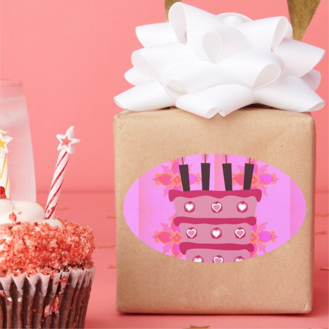 Floral Birthday Cake for Her/Girls Art Print Oval Sticker (Party)