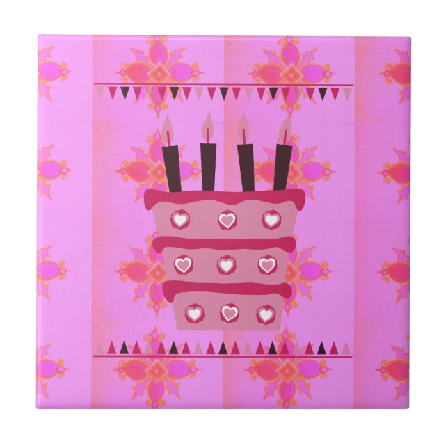 Floral Birthday Cake for Her/Girls Art Print Tile (Front)
