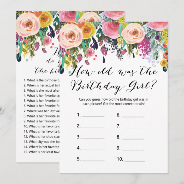 Floral Birthday Games x2 - phone game | who knows Invitation (Front/Back)