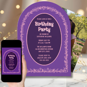 Floral Birthday Invitation Pink Purple Arched 