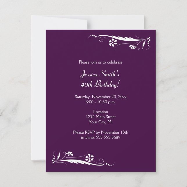 Floral Birthday Party Invitations in Dark Purple (Front)
