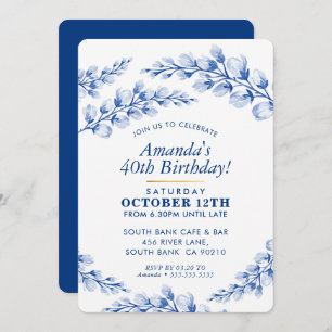 FLORAL BIRTHDAY PARTY INVITE pretty porcelain blue