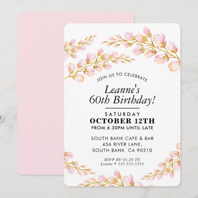 FLORAL BIRTHDAY PARTY INVITE stylish pretty pink (Front/Back)