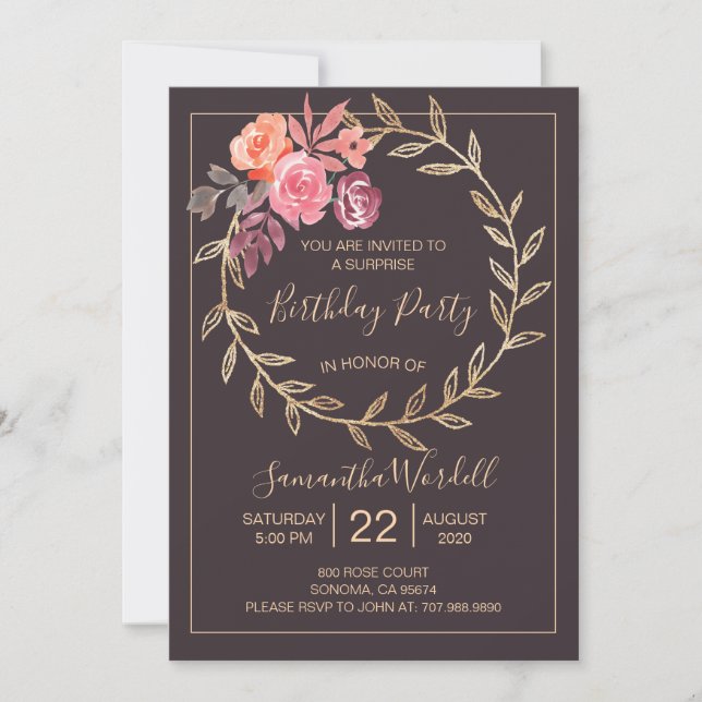 Floral Birthday Party Pink Burgundy On Slate Grey Invitation (Front)