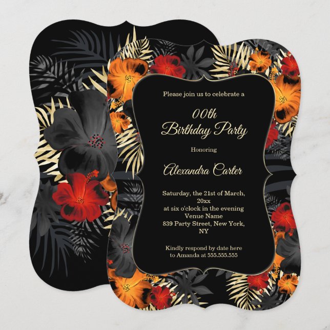 Floral Birthday party Red Orange Black Hibiscus Invitation (Front/Back)