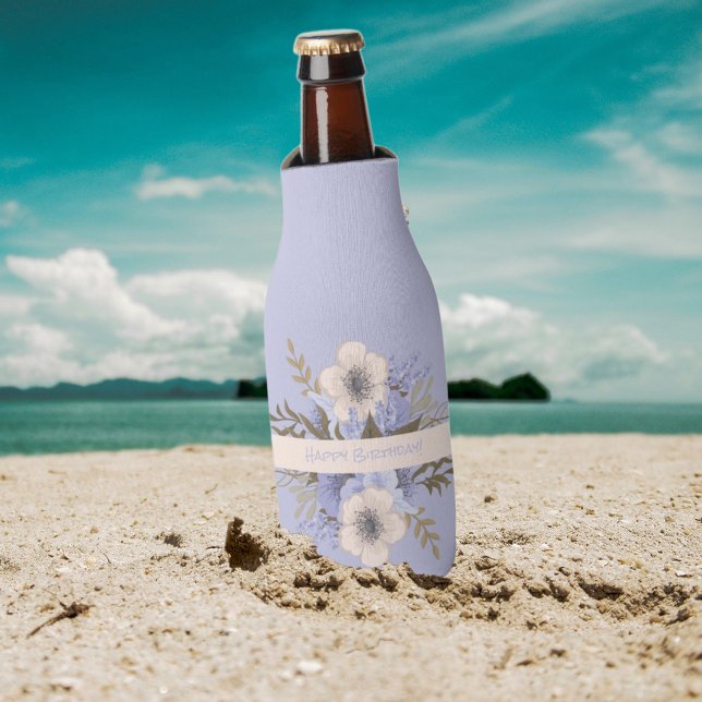 Floral Birthday Peach Violet Five Petal Wild Rose Bottle Cooler (Keep the bottle cool with a fun floral pastel peach and purple wild rose template design. )