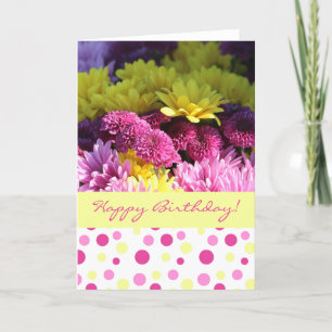 Floral Birthday, Pink & Yellow Daisies, Polka Dots Card