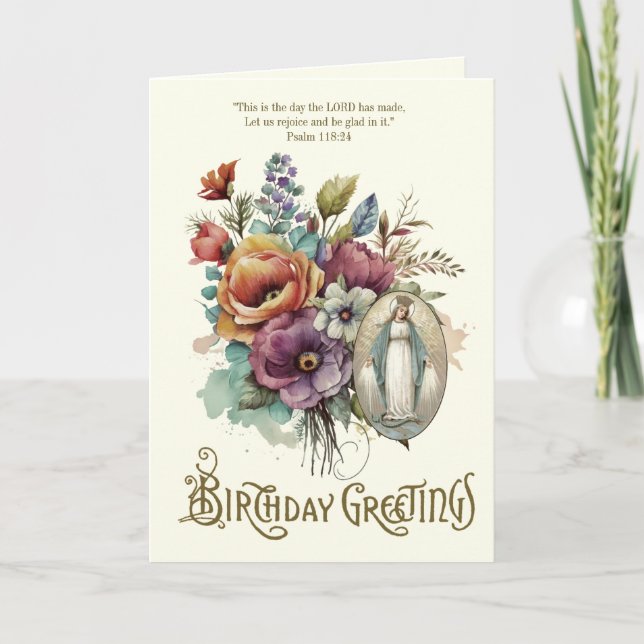 Floral Birthday Religious Virgin Mary Thank You Card (Front)