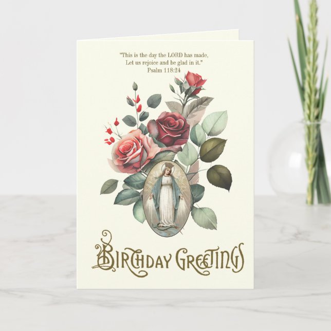 Floral Birthday Religious Virgin Mary Thank You Card (Front)