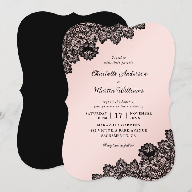 Floral Black and Blush Rustic Lace Wedding Invitation (Front/Back)
