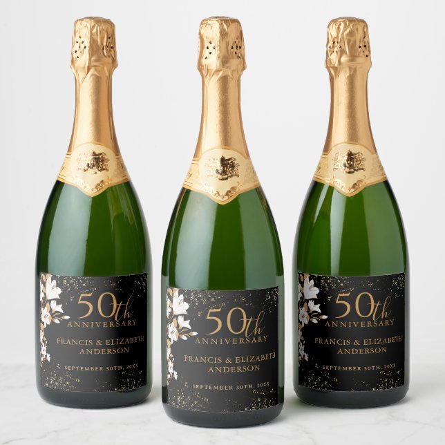 Floral Black and Gold 50th Wedding Anniversary Sparkling Wine Label (Bottles)