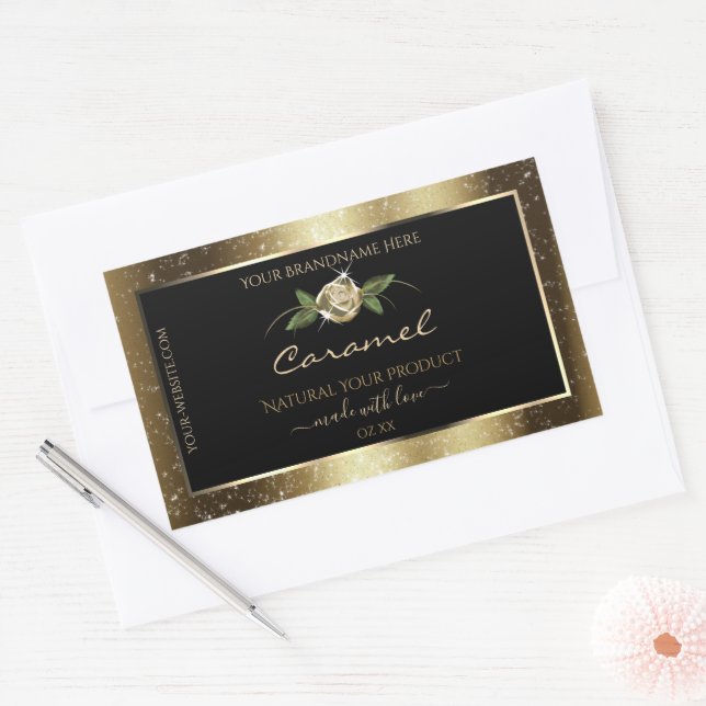 Floral Black and Gold Brown Glitter Product Labels (Envelope)