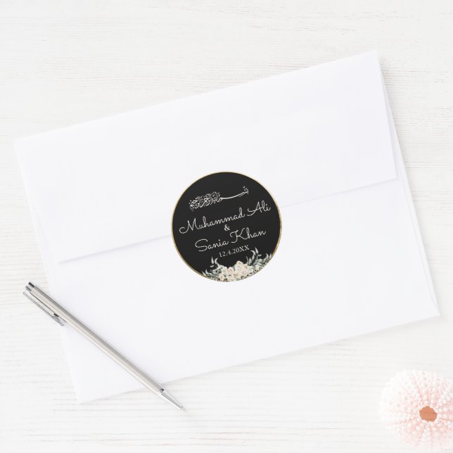 Floral Black and Gold Islamic Muslim Wedding Classic Round Sticker (Envelope)