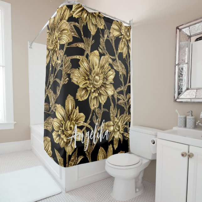Floral Black and Gold Personalised Name Shower Curtain (In Situ)
