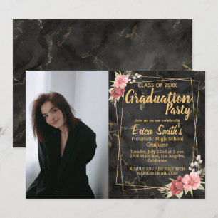 Floral Black And Gold Photo Graduation Party Invitation