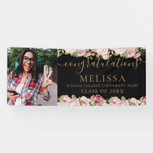 Floral Black And Gold Script Photo Graduation Banner (Horizontal)