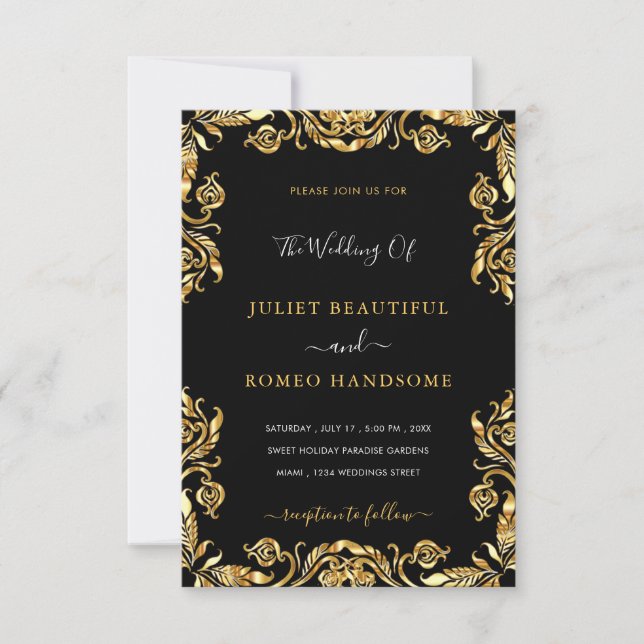 Floral Black and Gold Wedding Invitation Template (Front)