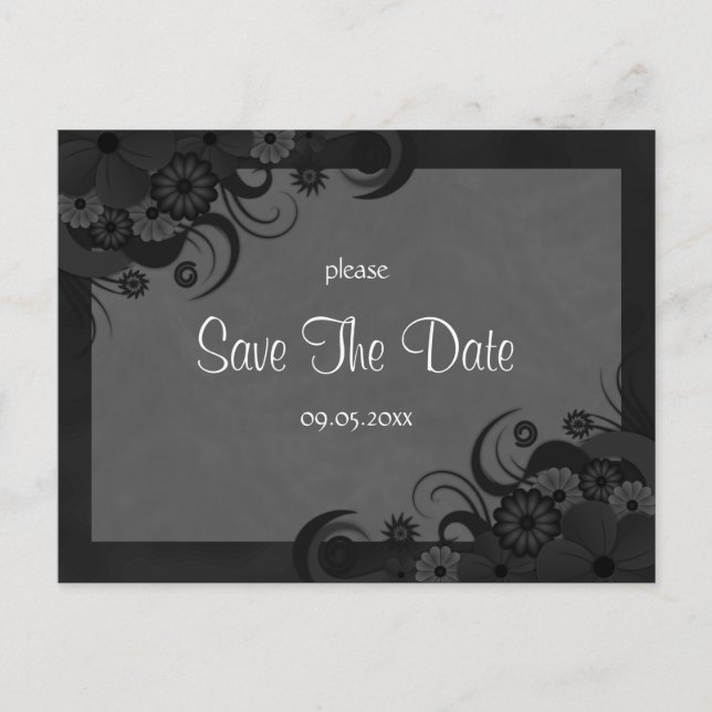 Floral Black and Grey Goth Save The Date Postcards (Front)