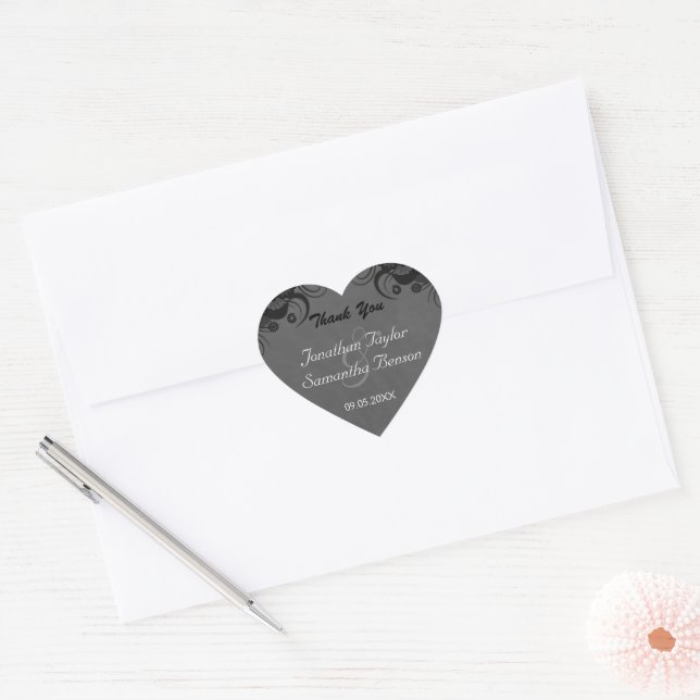 Floral Black and Grey Heart Wedding Favour Sticker (Envelope)