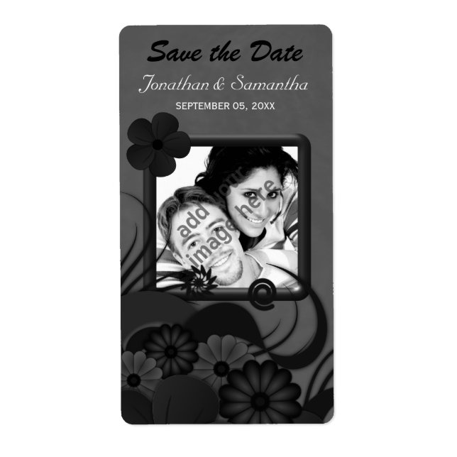 Floral Black and Grey Save The Date Wine Labels (Front)