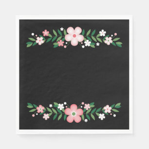 Floral Black And  Pink Flowers Wedding Party Napkin