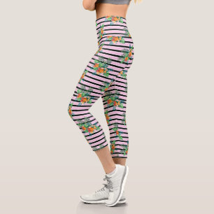 Floral Black and Pink Stripes Capri Leggings